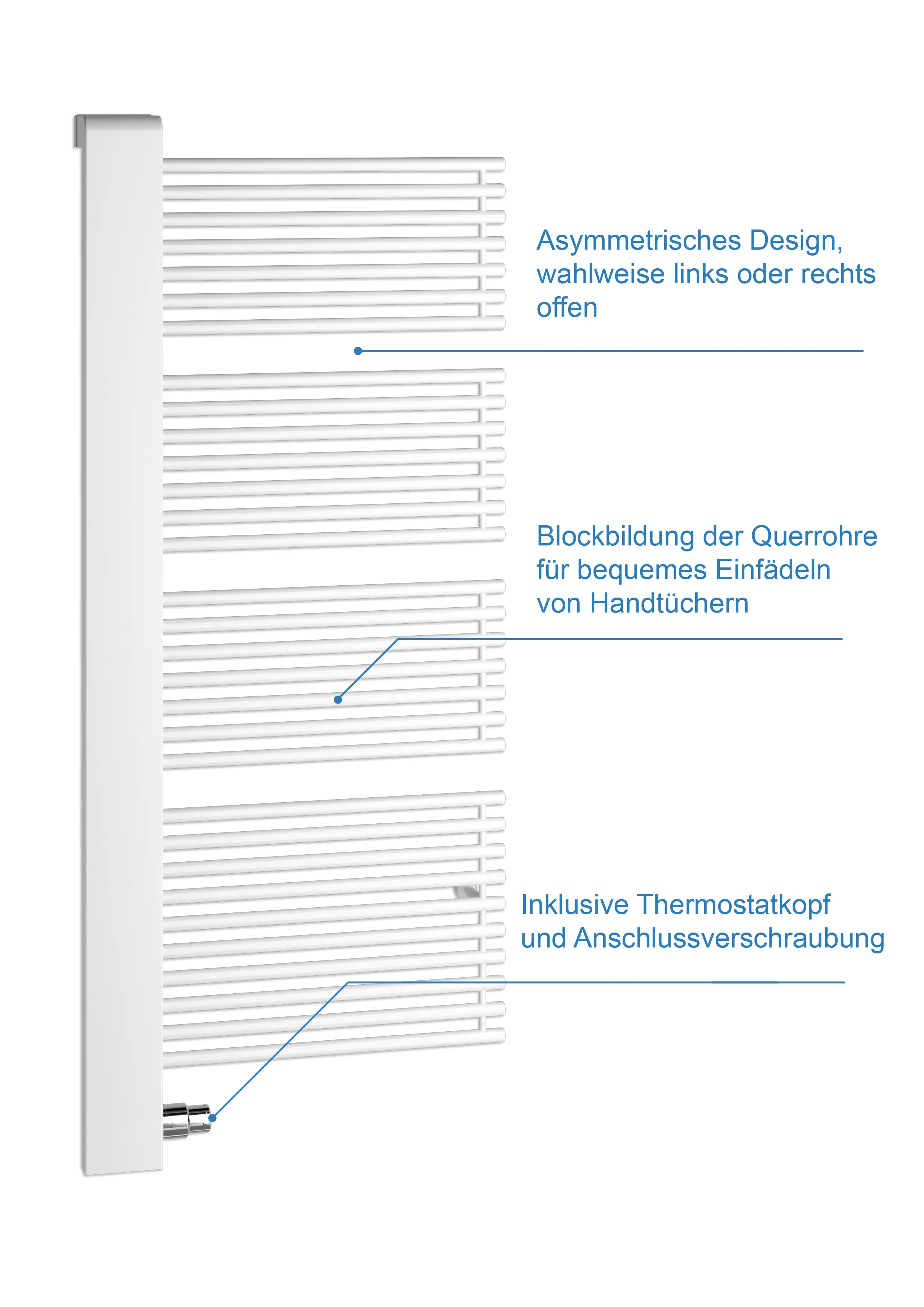 Kermi-Heizkörper mit asymmetrischem Design, horizontalen Röhren und Platz für Handtücher, in weißer Ausführung, geeignet für die linke oder rechte Montage.